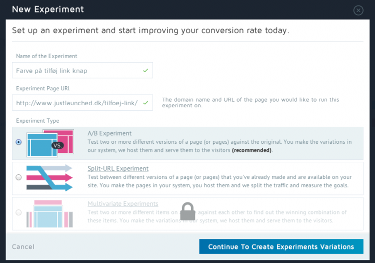 Navngivning og valg af eksperiment type.