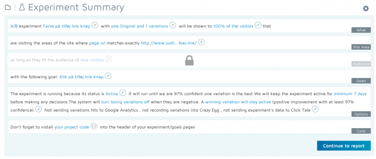 Smart opsummering af indstillingerne for testen.