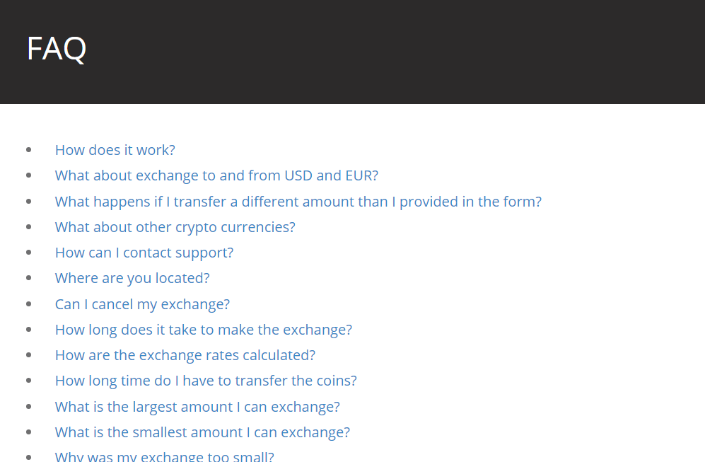 En del af FAQ sektionen på sitet.